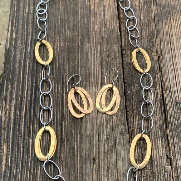 Gold and Silver Stainless Steel Necklace and Earring Set - Picture 1 of 3